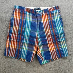 Polo Ralph Lauren Mens 38 Plaid Chino Shorts Blue Orange Cotton